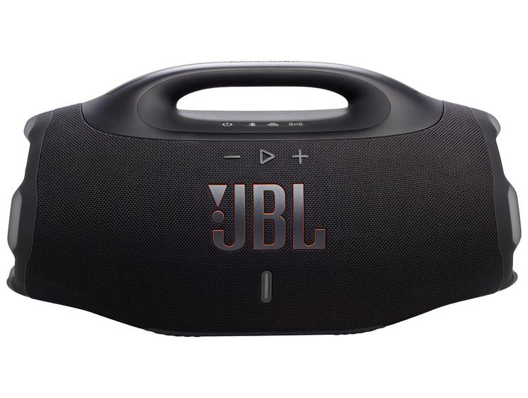 Caixa de som JBL Boombox 4 na cor preta vista de frente com alça de transporte