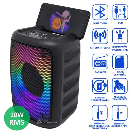 Imagem de Caixa De Som Leds Coloridos Bluetooth 10W Entrada Auxiliar Microfone Pendrive Cartão SD D4139