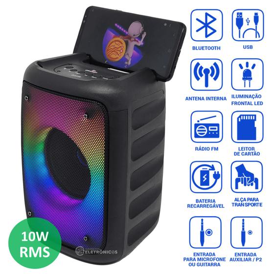 Imagem de Caixa De Som Luz Led RGB Colorido 10W Conexão Bluetooth Entrada Pendrive Cartão Micro SD D4139