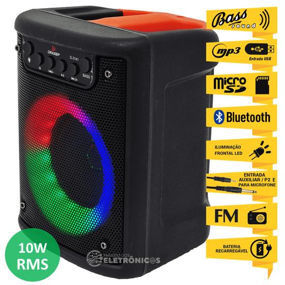 Imagem de Caixa de Som Multifunções Rádio FM 10W RGB Bluetooth Entrada Microfone Cartão SD P2 D3141