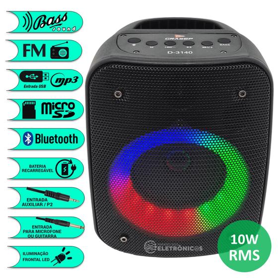 Imagem de Caixa de Som Potente 10W Luz RGB Bluetooth Entrada Microfone Auxiliar Alça Para Transporte D3140