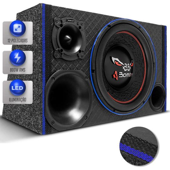 Imagem de Caixa De Som Trio Automotivo Diamantada 800w RMS Subwoofer 12 Pol Bomber Bicho Papão Dutada LED Neon