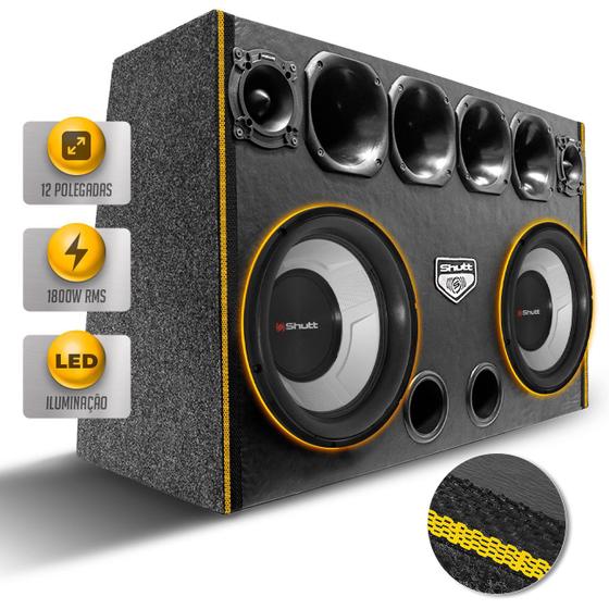 Imagem de Caixa De Som Trio Corneteira Automotivo 2 Subwoofer Shutt 4D4 12 Pol 1800w Grave Carro Pancadão LED