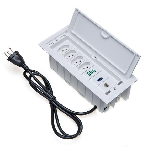 Imagem de Caixa De Tomada 7 Blocos 4 Tom 20A 1 USB Dados 1 RJ-45 3 USB
