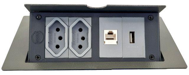 Imagem de Caixa De Tomada Para Mesa 2 Tomada 10A 1 USB 1 RJ45 Completa