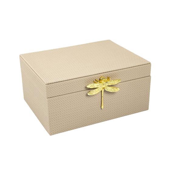 Imagem de Caixa Decorativa em MDF Com Revestimento Fendi em Pu Com Aplique De Libélula 20x26x12,5cm 