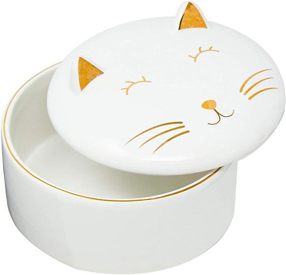 Imagem de Caixa Gato Redonda Cerâmica Decorativo Branco e Dourado 13cm 09856 Mart