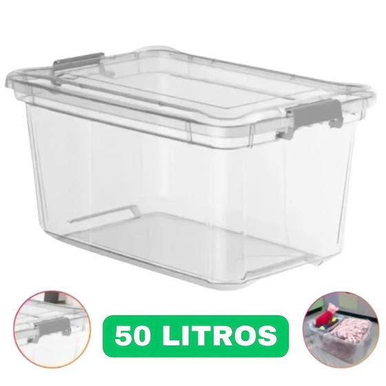 Caixa Grande Organizadora C/ Tampa Plástico 50l Transparente Baú Com Travas Robusta Resistente Menor preço em Caixa Grande Organizadora C/ Tampa Plástico 50l Transparente Baú Com Travas Robusta Resistente