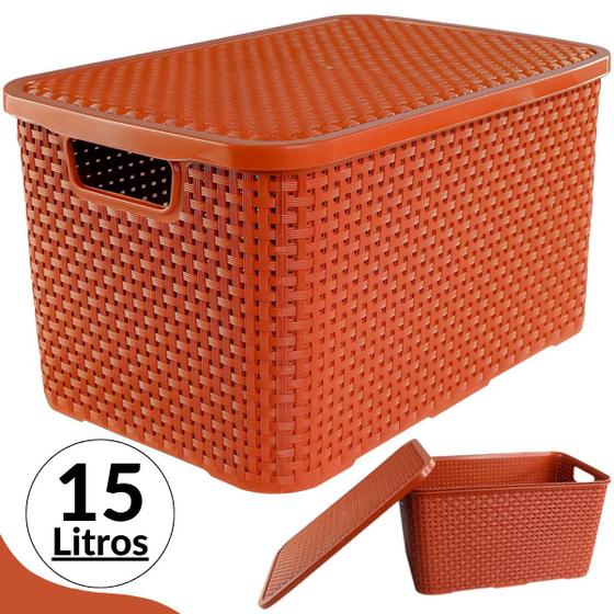 Imagem de Caixa Organizadora Cesto Com Tampa Multiuso Resistente Porta Brinquedos Rattan Top Plástico