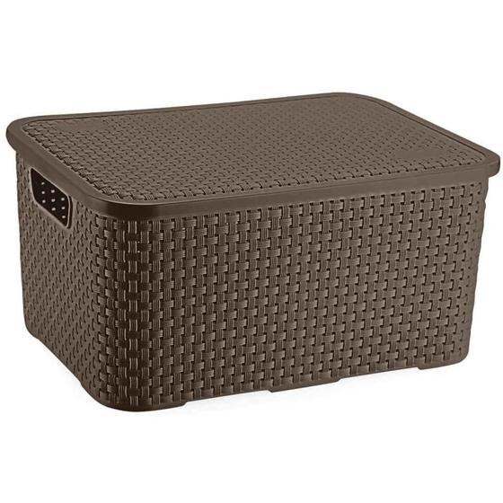 Imagem de Caixa Plástica Multiuso Rattan com Tampa Marrom Grande 16L