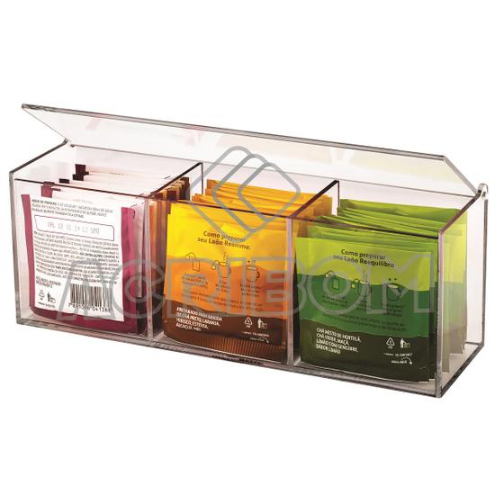 Imagem de Caixa Porta Chá / Organizador de Sachês Com Divisórias 3 Compartimentos e Tampa Articulada em Acrílico Cristal / Transparente - Acribom