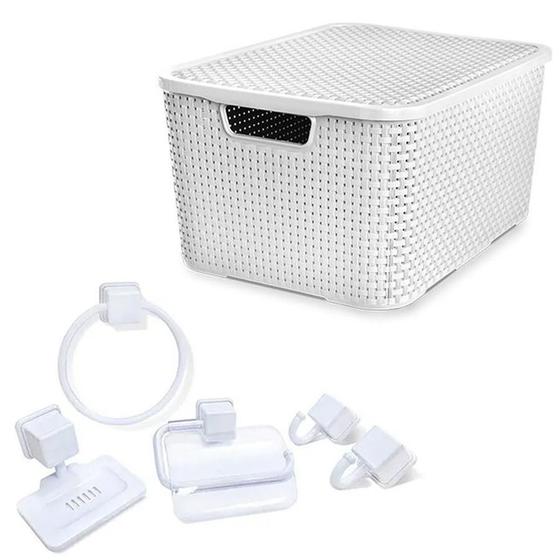 Imagem de Caixa Rattan 20L Branca + Kit Acessórios 5 Pçs Caribe Branco