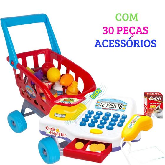 Imagem de Caixa Registradora Maquina Brinquedo Infantil Com Carrinho Compras Mercado E Acessórios