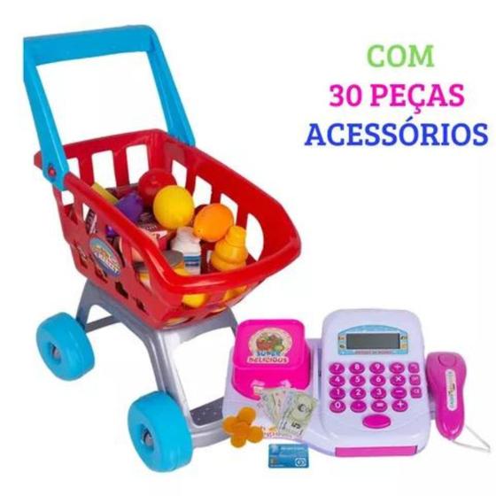 Imagem de Caixa Registradora Maquina Brinquedo Infantil Com Carrinho Compras Mercado E Acessórios