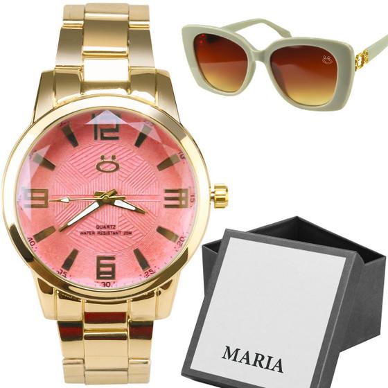 Imagem de Caixa + relogio feminino dourado + oculos sol proteção uv resistente casual fundo rosa moda presente