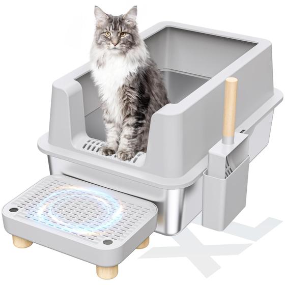 Imagem de Caixa Sanitária para Gatos VNAKIO XL em Aço Inoxidável - com Tampa e Colher