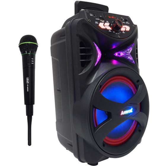 Imagem de Caixa Som Amplificada Portátil Bluetooth 250W Rms Mp3 Fm Led Bateria Amvox Aca 255 Hit + Microfone