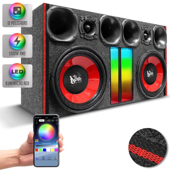 Imagem de Caixa Som Trio Automotivo Shutt 1300w Subwoofer Beatz 12 Pol Duto Régua LED RGB Grave Porta Mala