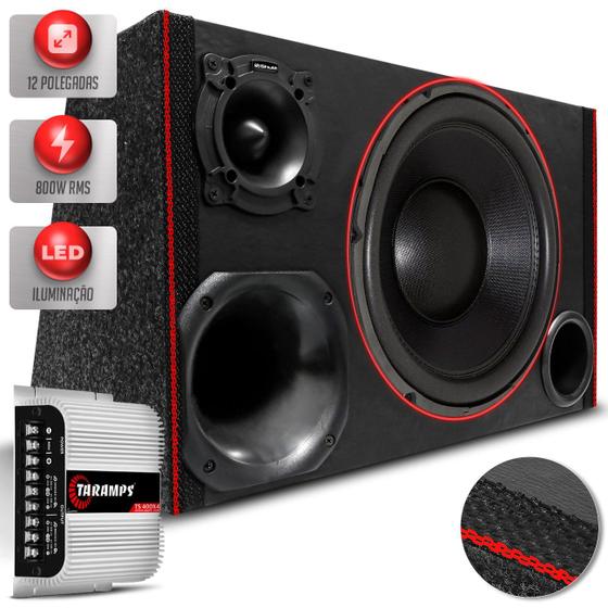 Imagem de Caixa Som Trio Automotivo Shutt 800w RMS Subwoofer 12 Pol Connect + Módulo TS400 Led Neon Completa