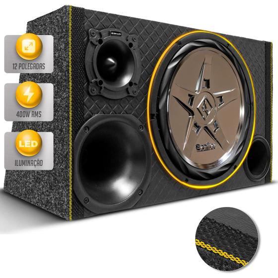 Imagem de Caixa Som Trio Diamantada Bomber SubWoofer New Edge 12 Polegadas 400W Dutada LED Neon Automotivo