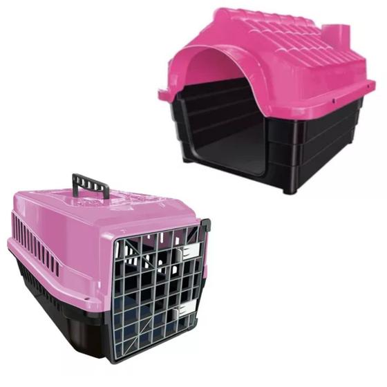 Imagem de Caixa Transporte Animal Grande Porte e Casa Plástica N4 Rosa