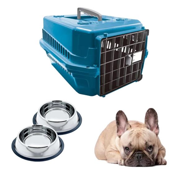 Imagem de Caixa Transporte Dog N2 Azul + 2 Tigelas Inox Chalesco 150ML