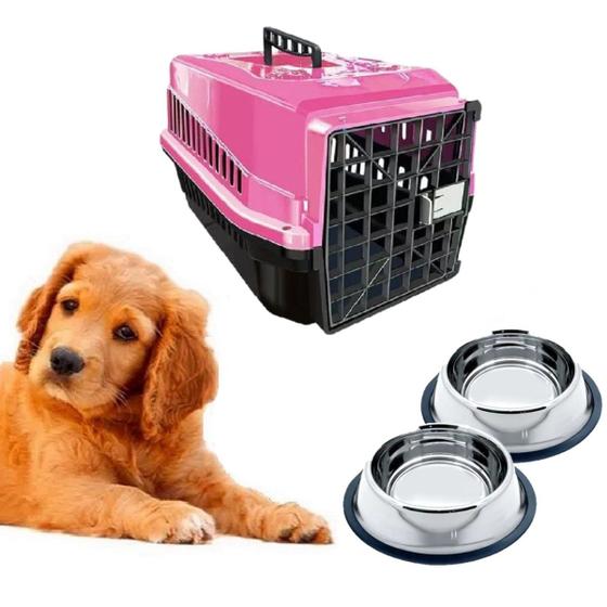 Imagem de Caixa Transporte Dog N3 Rosa E 2 Tigelas Inox Chalesco 150ml