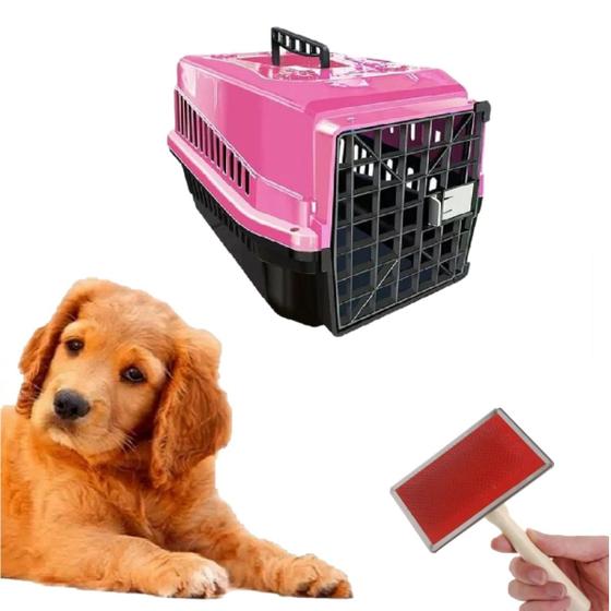 Imagem de Caixa Transporte Dog Plástica N3 Rosa + Escova Rasqueadeira