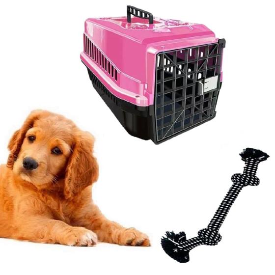 Imagem de Caixa Transporte Pet Plástica N3 Rosa + Brinquedo Corda Pet