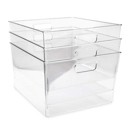 Imagem de Caixas de armazenamento Isaac Jacobs XL de plástico transparente com alças, pacote com 3
