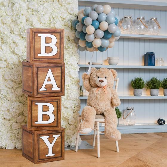 Imagem de Caixas de chá de bebê Fengrise Wood Grain Brown com balão BABY