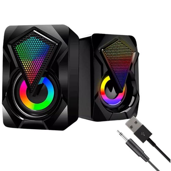 Imagem de Caixinha de Som Gamer P/ Computador Notebook PC Console Smartphone LED RGB Luzes USB P2 Potente Resistente Caixa