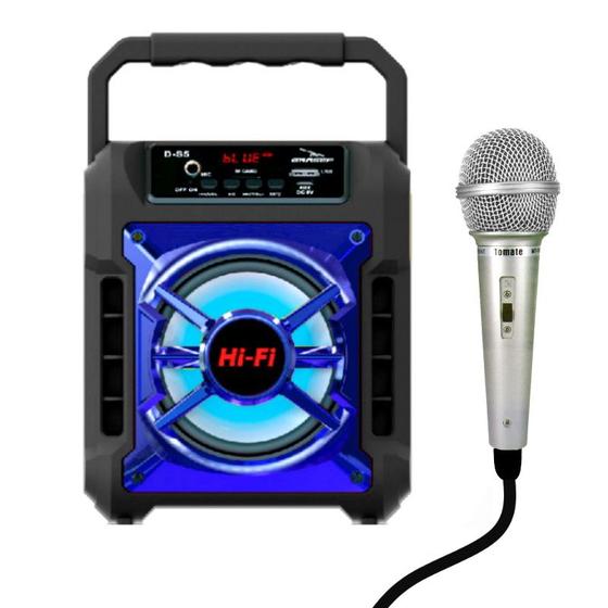 Caixinha de Som Karaokê com Microfone FM Bluetooth e LEDs Menor preço em Caixinha de Som Karaokê com Microfone FM Bluetooth e LEDs