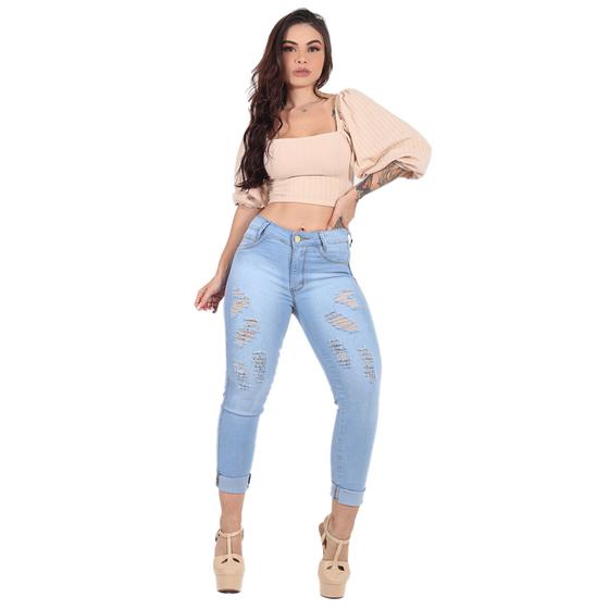 Imagem de Calça Capri Feminina Jeans Com Licra Cintura Alta Azul Clara Puida 3