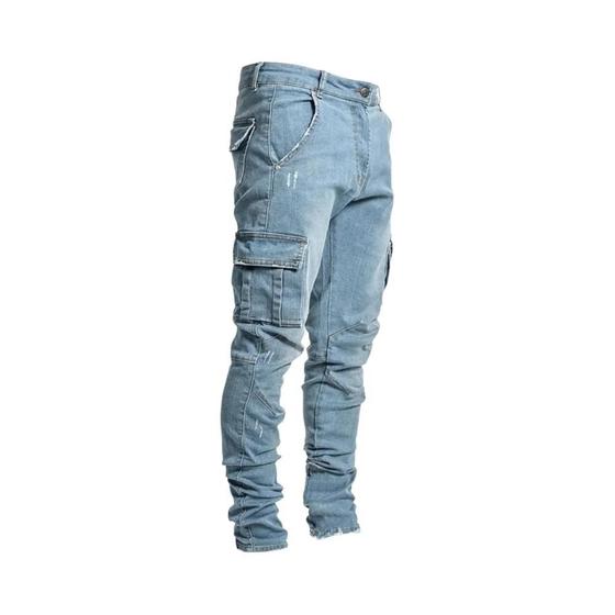 Imagem de Calça Cargo Jeans Masculina Slim Fit - Cintura Média, Vários Bolsos e Lavagem Casual