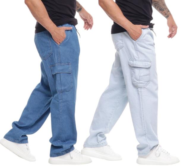 Imagem de Calça Cargo Masculina Jeans Larga Bolso Lateral Streetwear Skatista