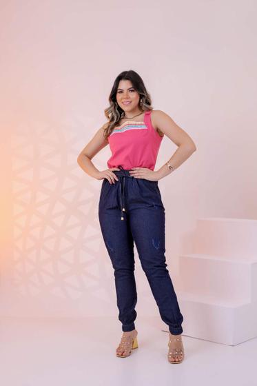 Imagem de Calça Comprida Jeans Feminino Adulto Jogger Elástico Cintura Casual