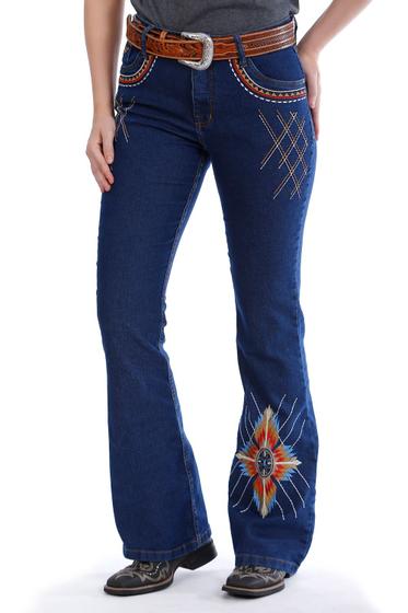 Imagem de Calça Country Feminina Jeans Flare Bordado Estilo Apache - Rodeo Farm