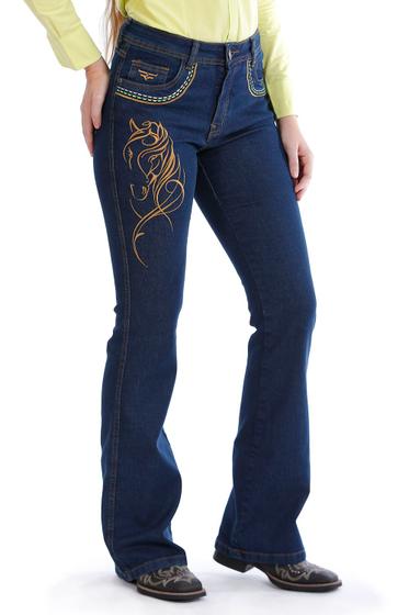 Imagem de Calça Country Feminina Jeans Flare Cavalo Bordado - Rodeo Farm