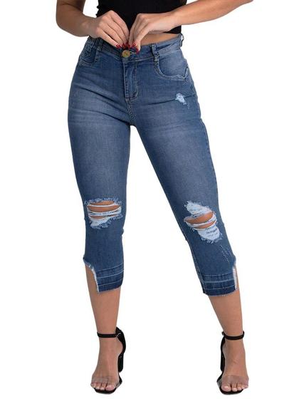 Imagem de Calça Feminina Jeans Capri Modeladora Niina Safira Barra Assimétrica