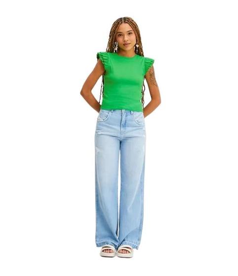 Imagem de Calça Feminina Jeans Wide Leg Pantalona Estilosa Azul Claro