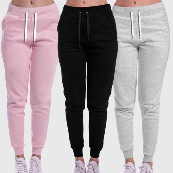 Imagem de Calça Feminina Moletom Flanelada Slim Bolsos Algodão Kit 3