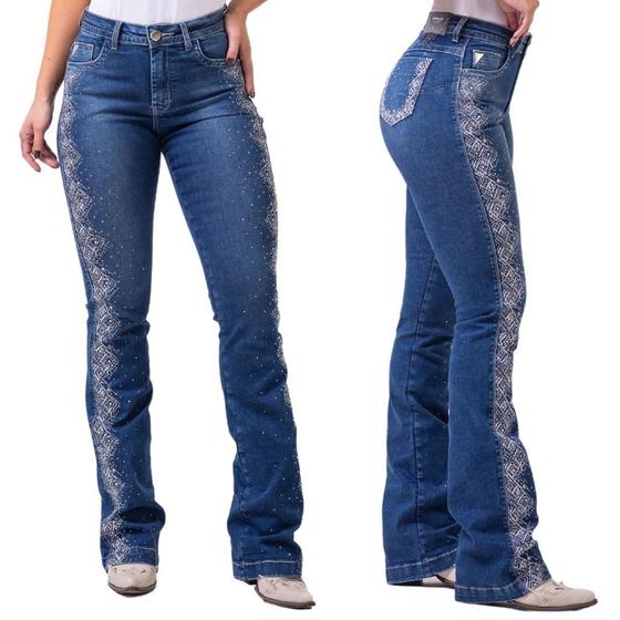 Imagem de Calça Feminina Original Buphallos Jeans Premium Azul Bootcut Brilho R. BPL796