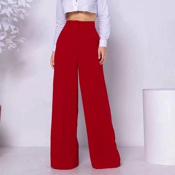 Imagem de Calça feminina pantalona tecido linho elástico cintura atrás elegante