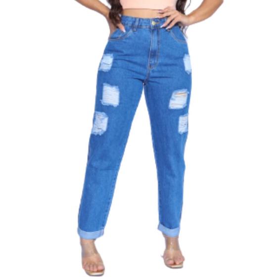 Imagem de Calça Feminina Semi Baggy Jeans Claro Rasgado Cintura Alta 100% Jeans Sem Lycra Moda Blogueira