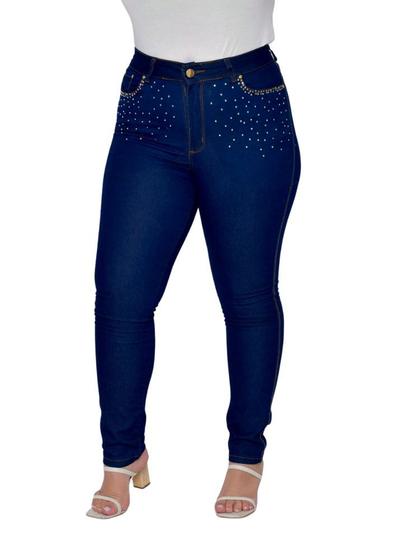 Imagem de Calça Feminina Skinny Jeans Escuro e Strass no Bolso com Pedraria