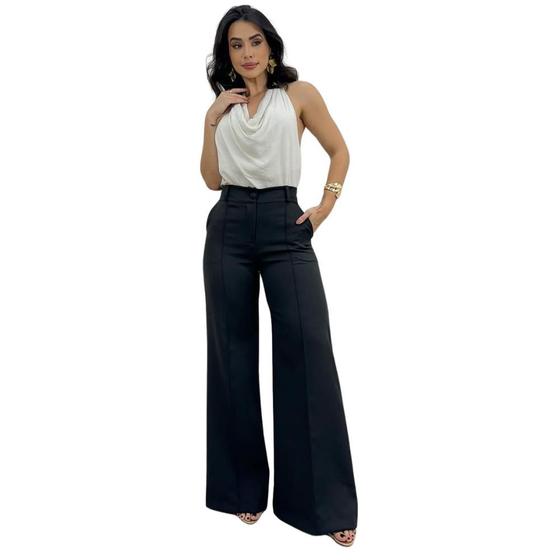 Imagem de Calça Feminina Social Pantalona Alfaiataria Cintura Alta Wide Leg Elegante