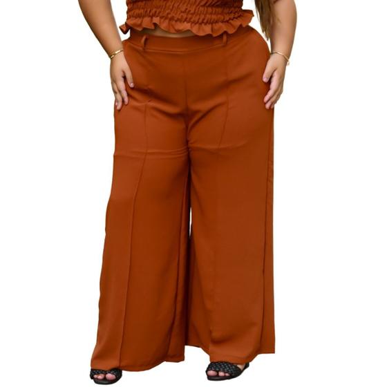 Imagem de Calça feminina wide leg cos alto duna liso com bolsos elastico na cintura parte de trás 44 ao 58 - Calça pantalona reta