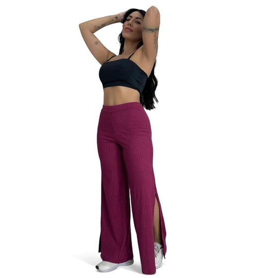 Imagem de Calça Feminina Wide Leg Pantalona Cintura Alta Tecido Canelado com Fenda Angélica