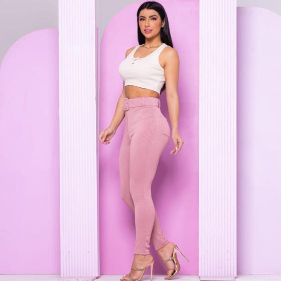Imagem de Calça Feminino Canelado 3D Longa com cinto